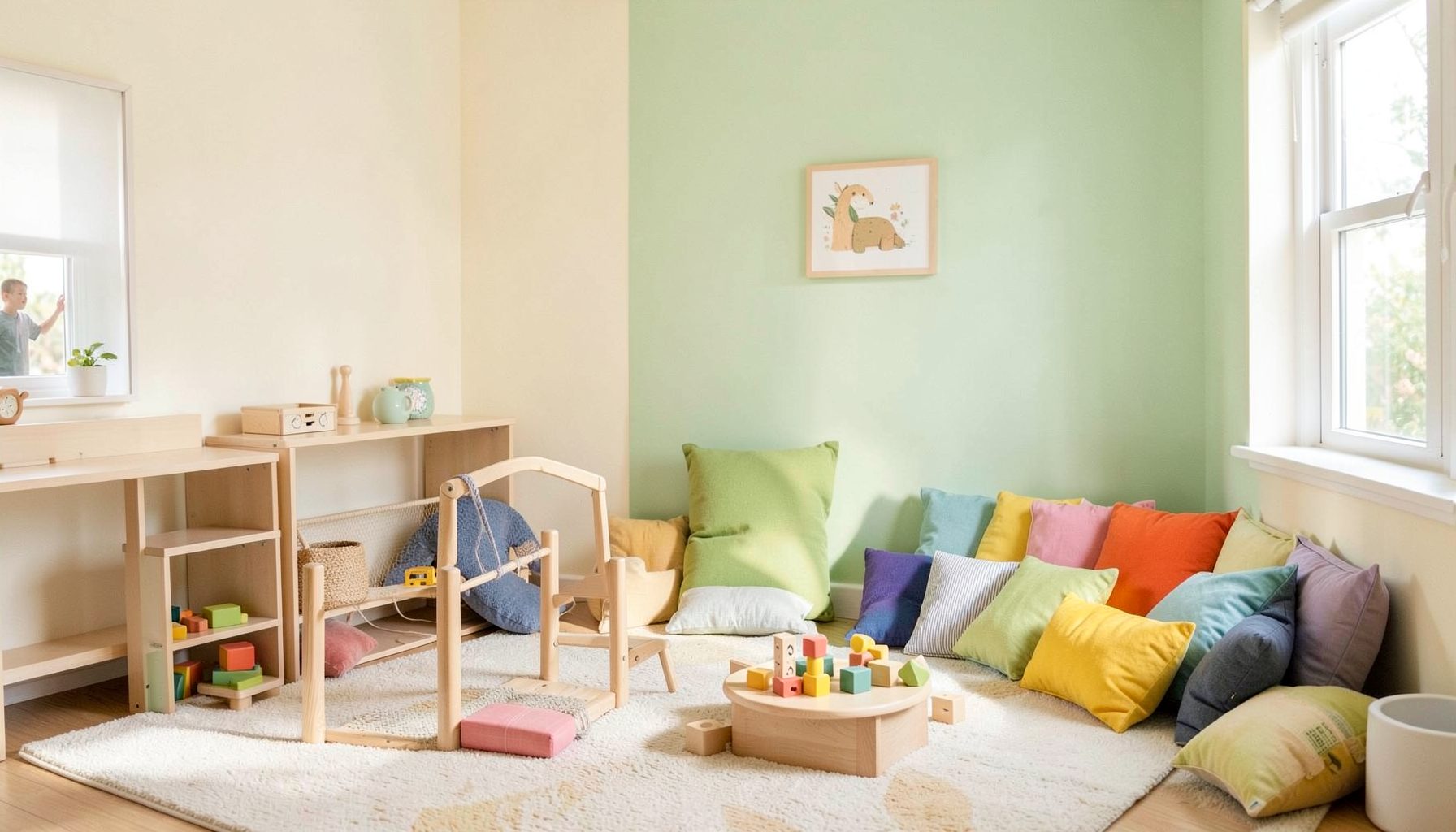 Warm and inviting interior of a children's wellness center with soft natural light, pastel walls in cream and pale green, and a calm welcoming atmosphere