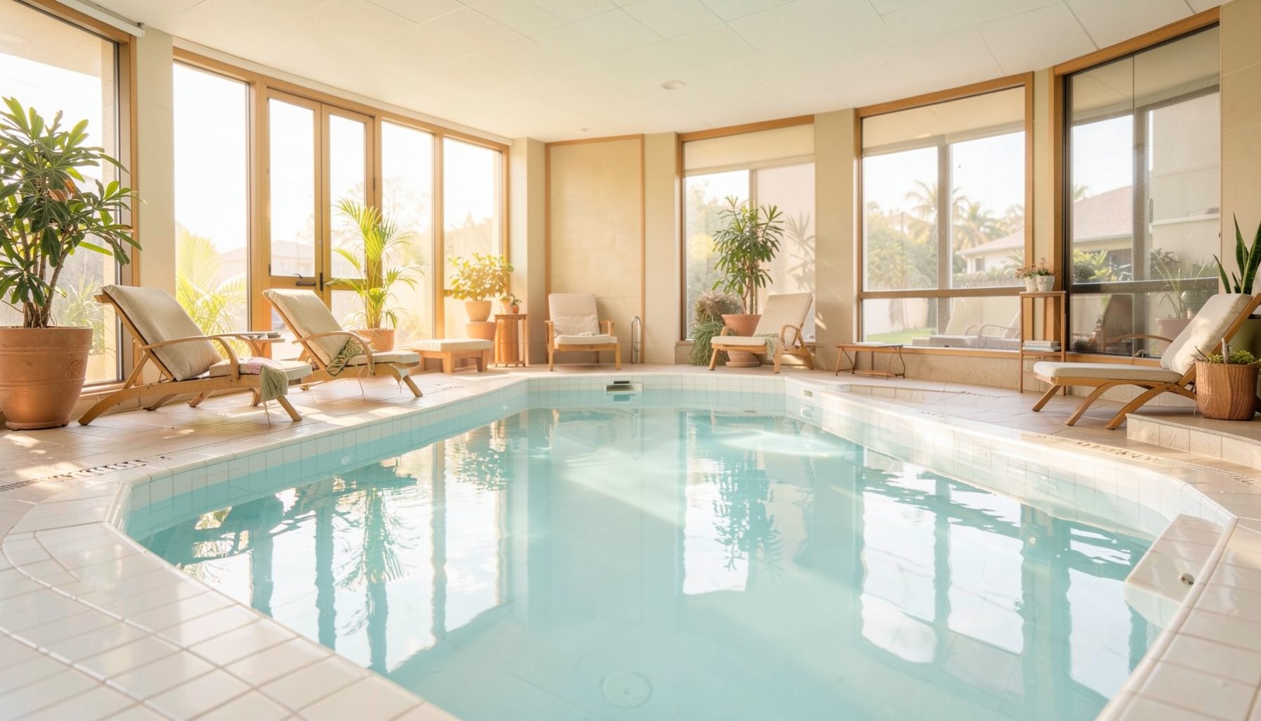 Soft natural light streaming into a serene pool room, pale blue water reflecting off white tiles, with a warm and inviting atmosphere