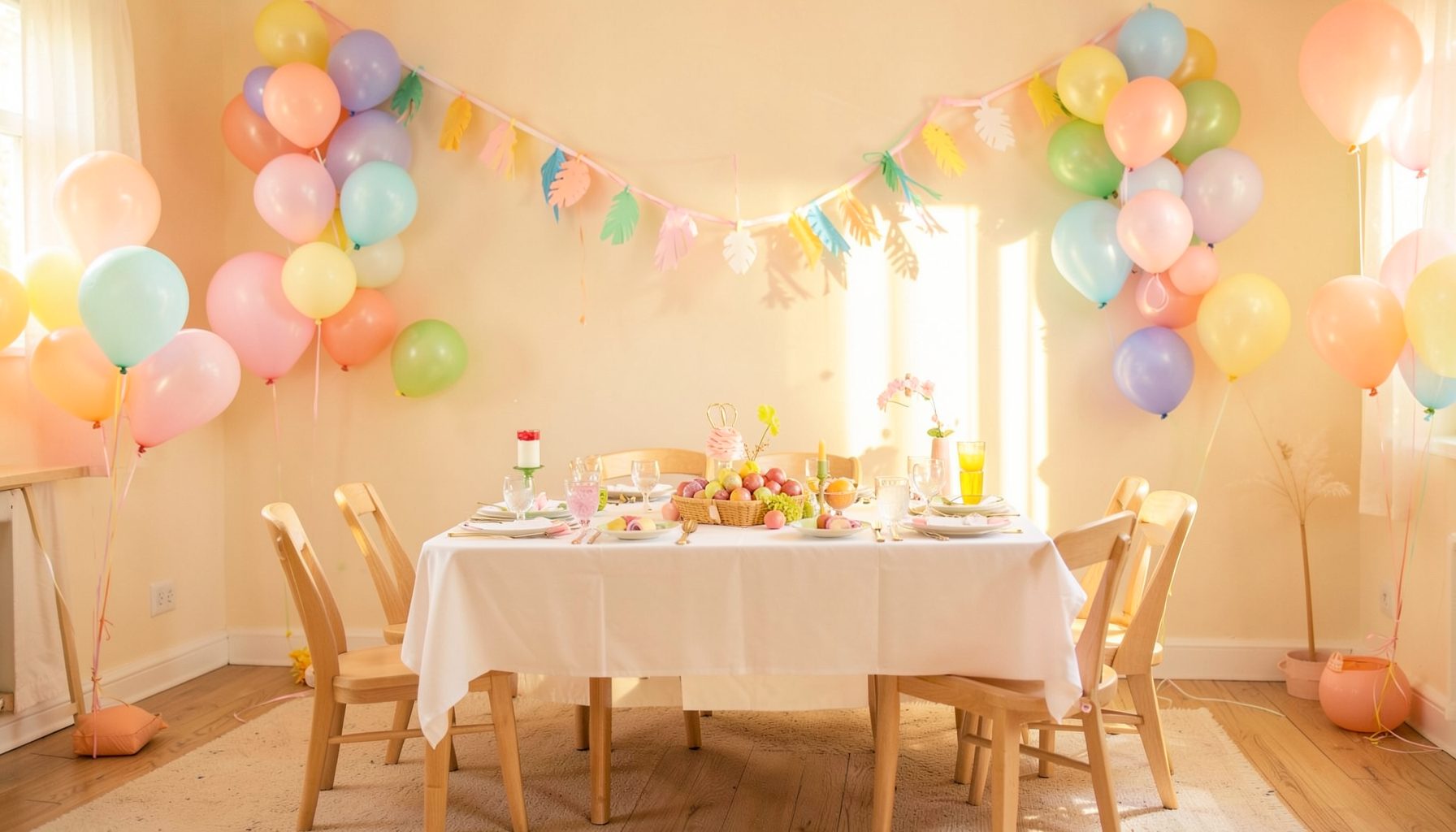 A warmly lit room decorated with colorful balloons, paper garlands, and a festive table set for a children's party