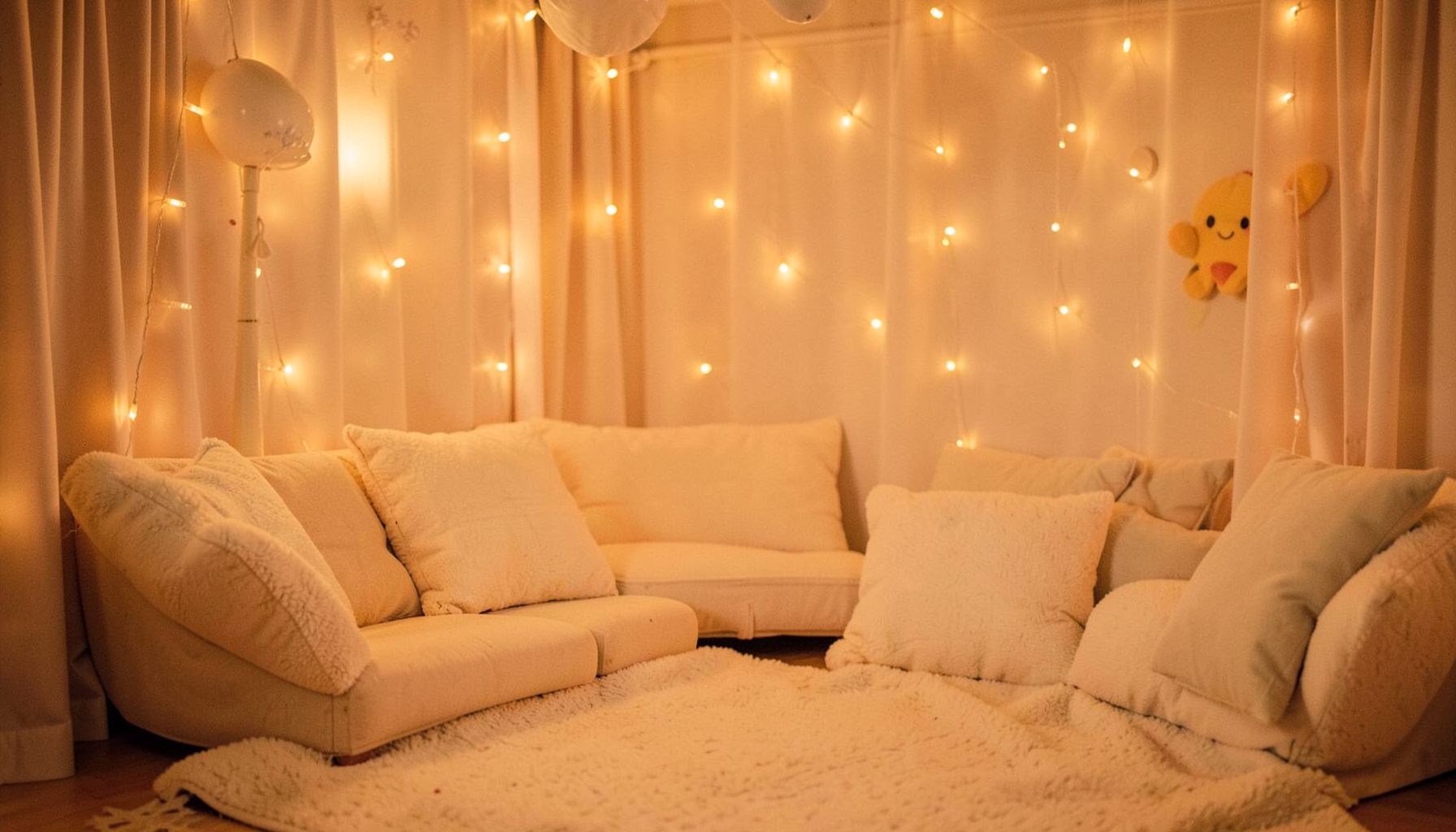 A cozy room with soft cushions and fairy lights, set up for a children's theatre performance, warm amber and cream tones
