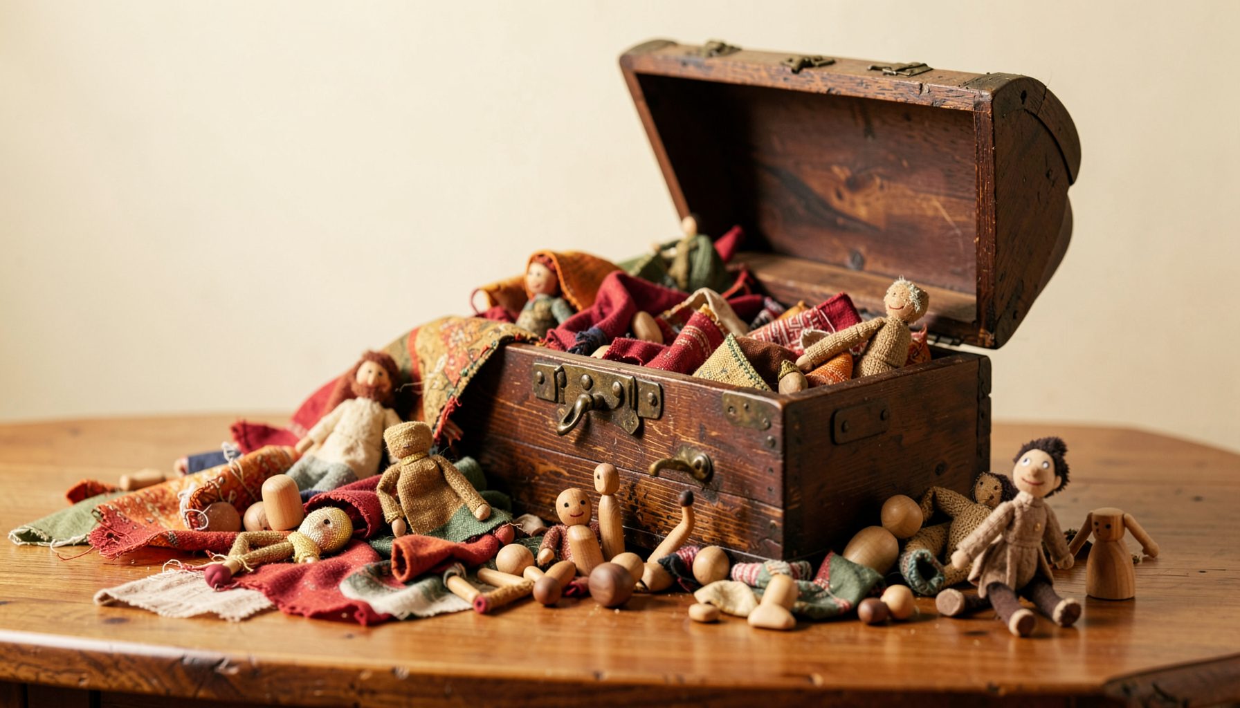A warm, softly lit tabletop with an open vintage wooden chest spilling out colorful fabric scraps, wooden figurines, and small treasures