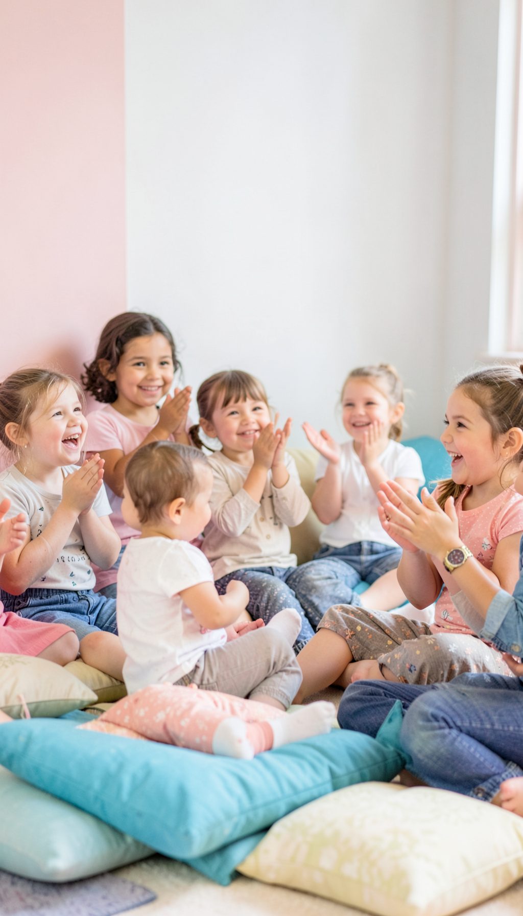 A group of young children clapping and smiling during a music session, surrounded by cushions and gentle pastel wall colors