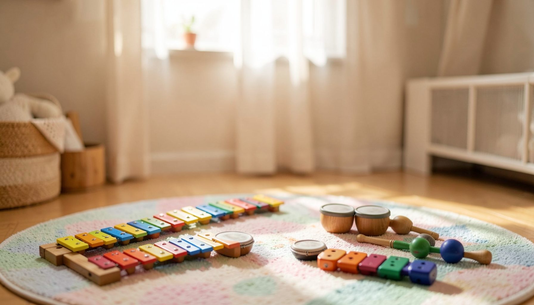 A warm, softly lit room with colorful musical instruments for toddlers — small xylophones, tambourines, and shakers scattered across a soft mat, inviting exploration and play