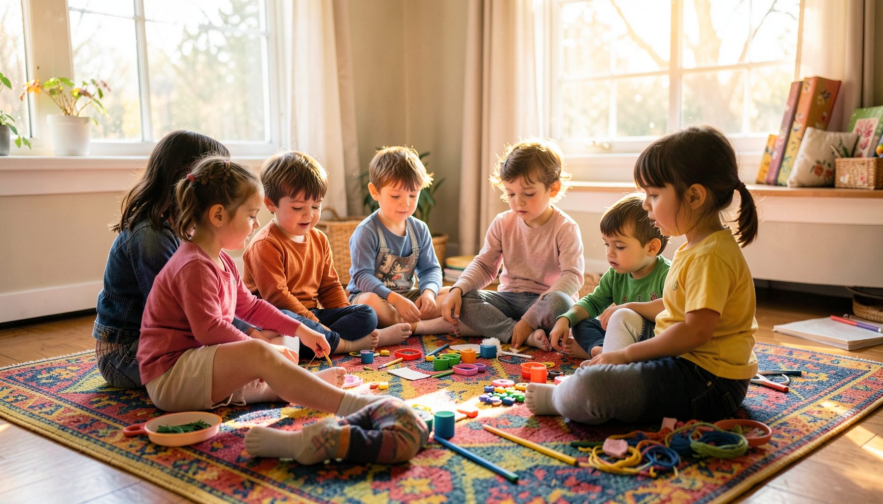 Children sitting in a circle on a colorful rug, engaged in a creative group activity with craft materials, warm sunlight filling the room