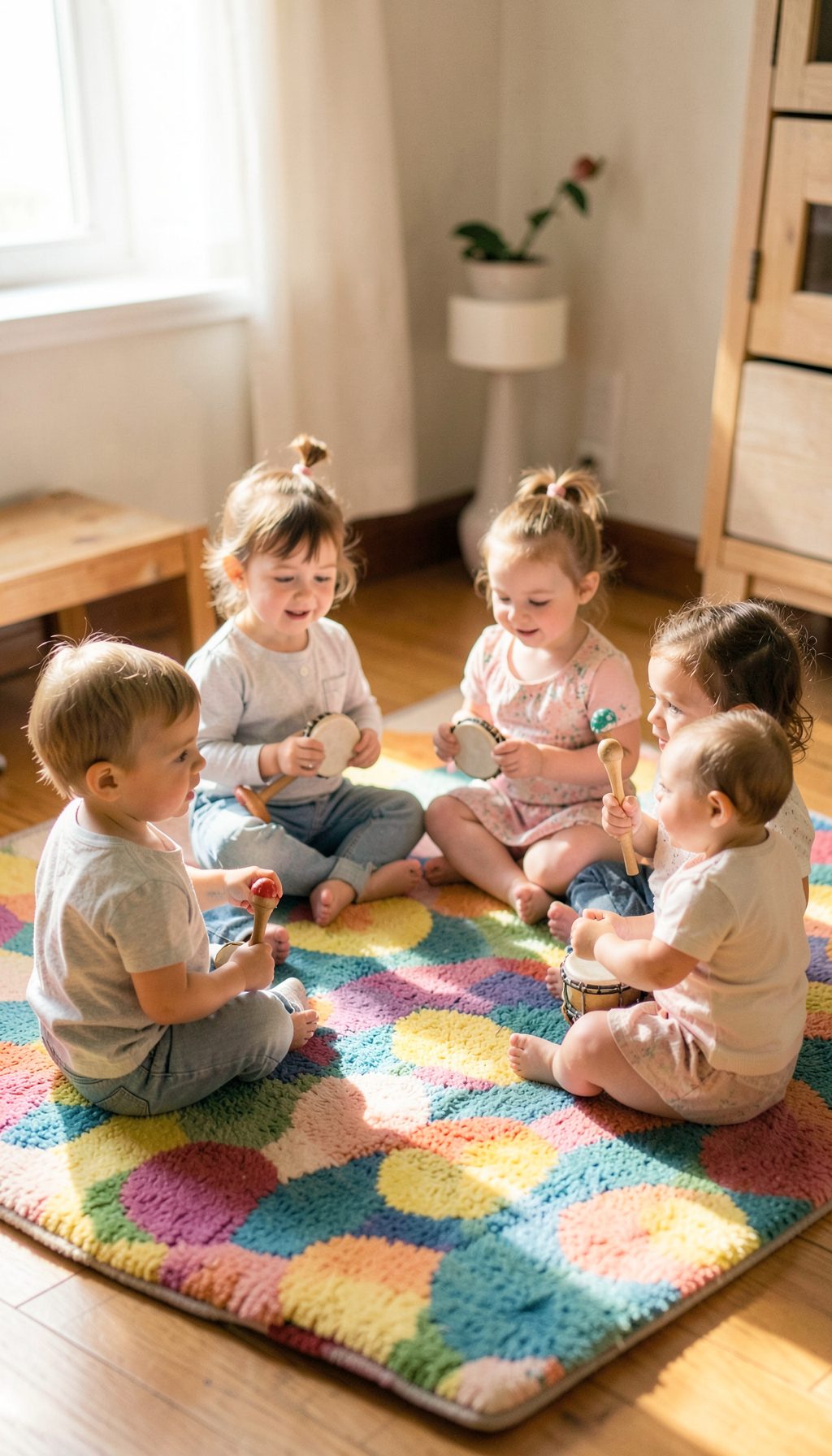 Toddlers sitting in a circle on a soft colorful mat, each holding a small percussion instrument like a maraca or tambourine, engaged in a music session
