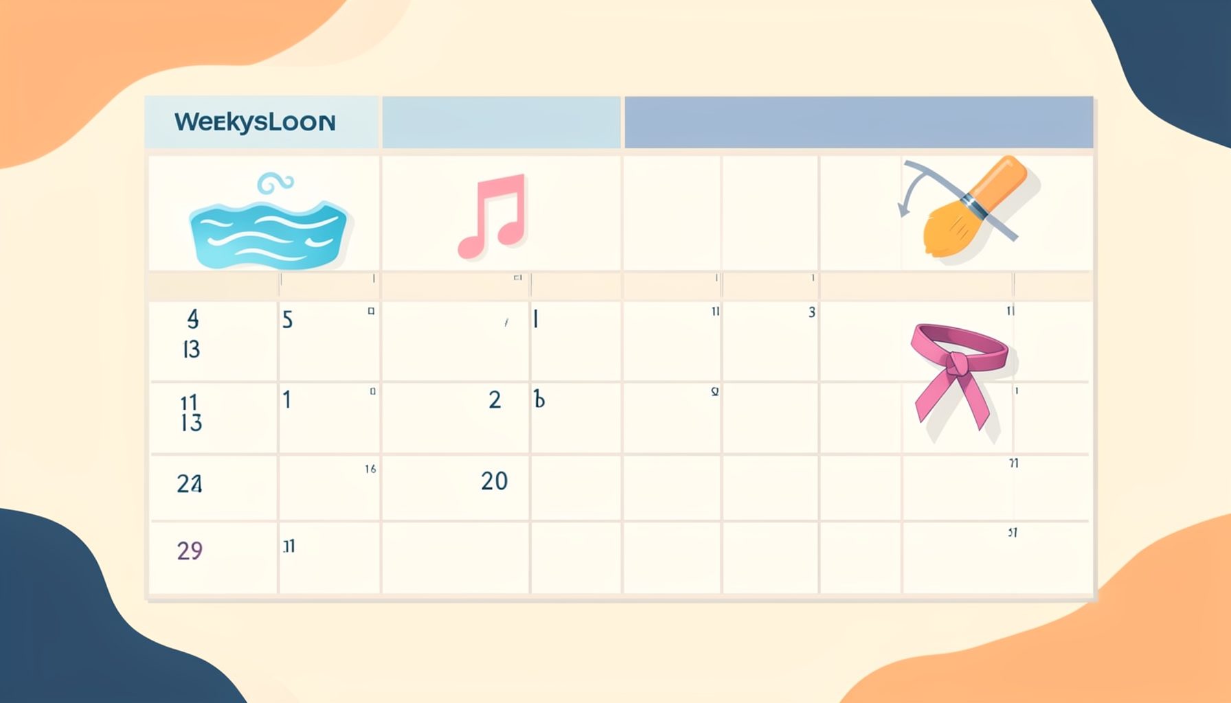 Soft pastel weekly calendar grid with colorful activity icons including a swimming pool wave, a music note, and playful shapes, set against a gentle cream background
