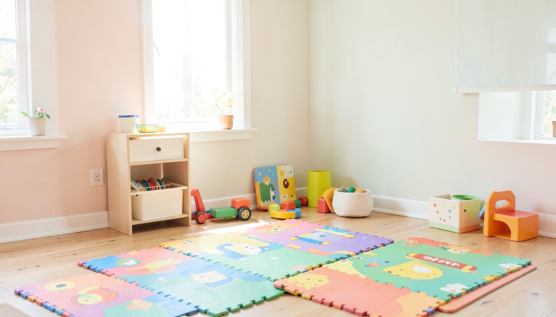Bright, airy room with soft natural light, colorful play mats on the floor, and gentle pastel wall tones — a warm and inviting space