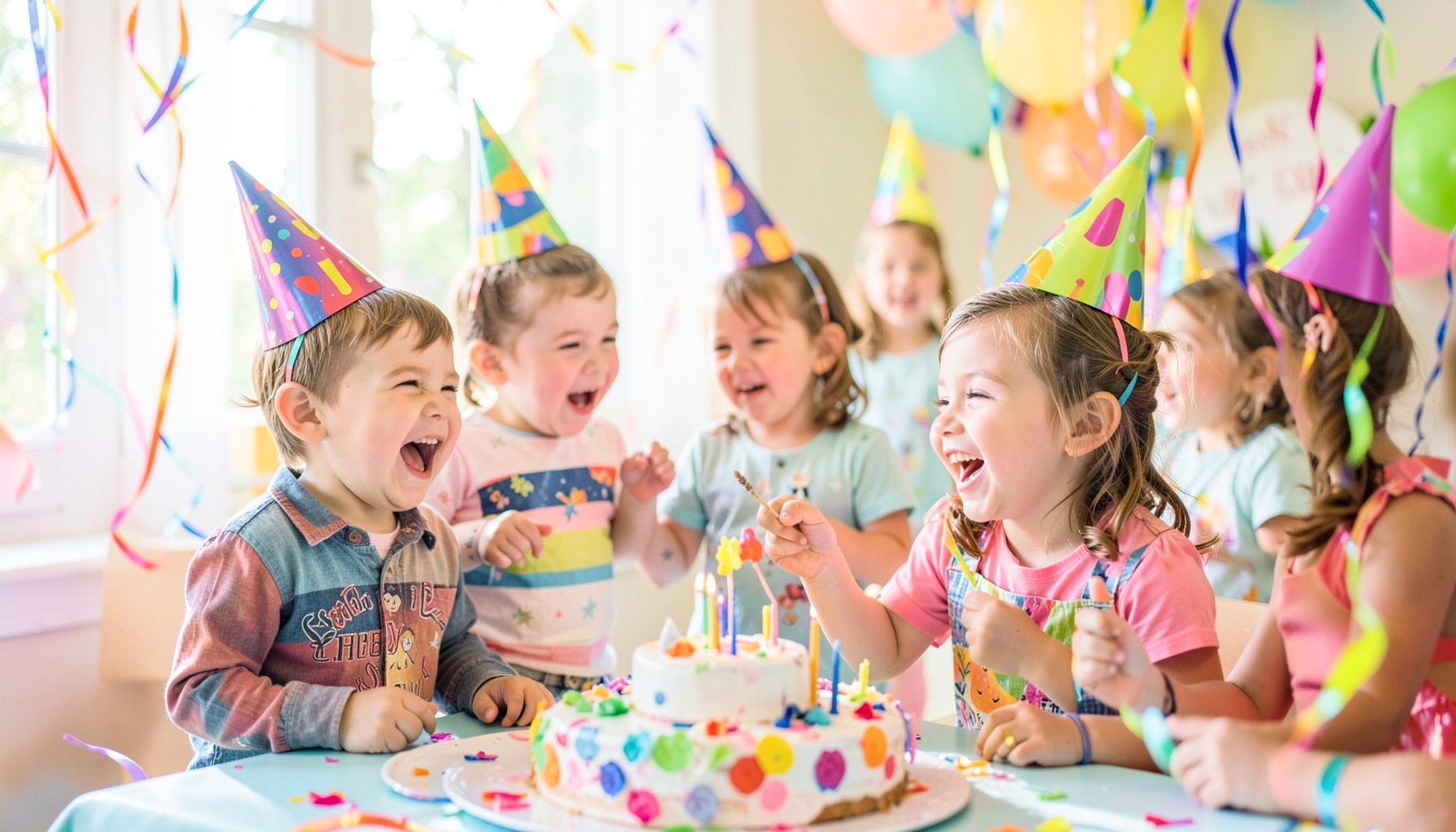 Children laughing and playing together at a birthday celebration, bright natural light, colorful party hats and streamers