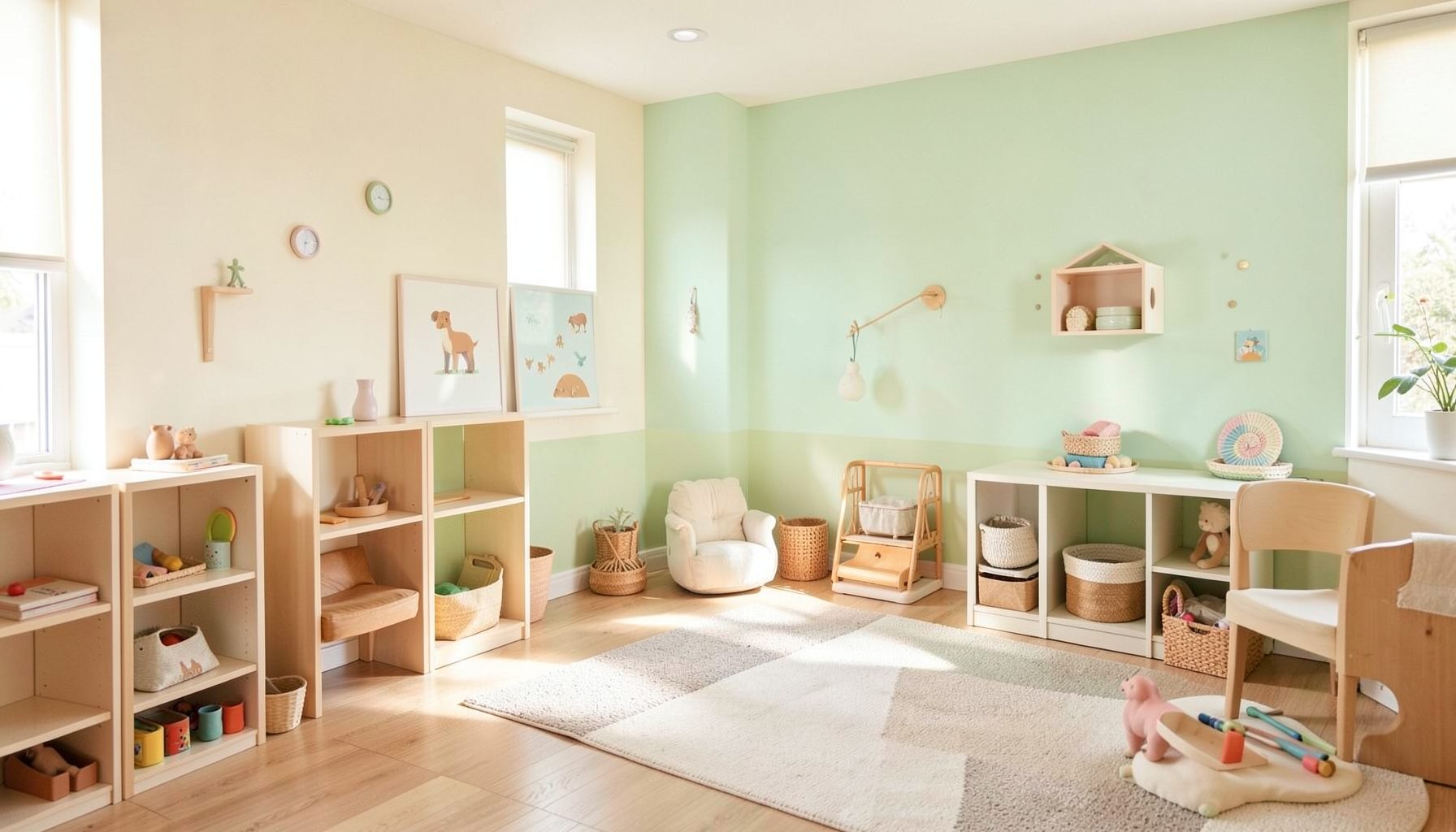 Warm and inviting interior of a children's wellness center with soft natural light, pastel walls in cream and pale green, and a calm welcoming atmosphere